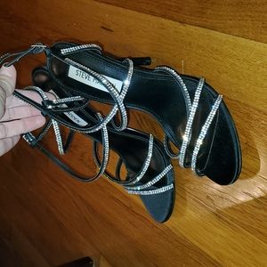 Steve Madden Willa black satin rhinestone sandal heels